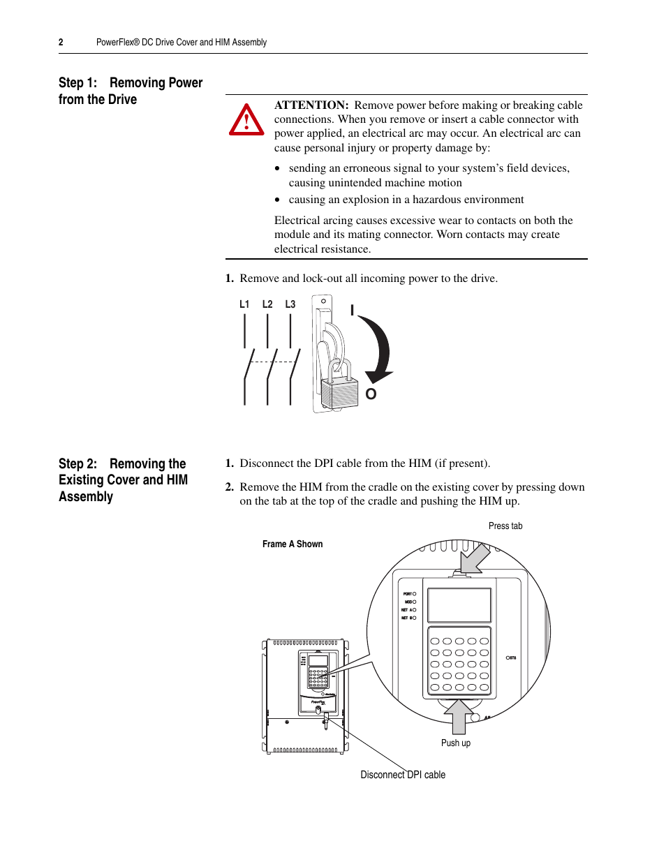 Step 1: removing power from the drive | Rockwell Automation 20P PowerFlex DC Drive Cover and HIM Assembly Installation Instructions User Manual | Page 2 / 6