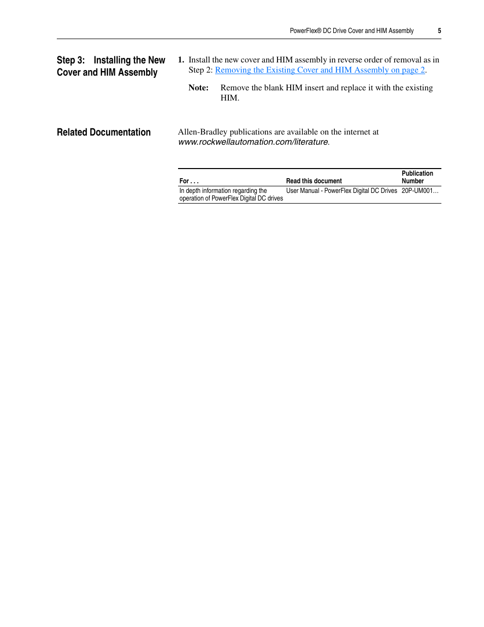 Step 3: installing the new cover and him assembly, Related documentation | Rockwell Automation 20P PowerFlex DC Drive Cover and HIM Assembly Installation Instructions User Manual | Page 5 / 6