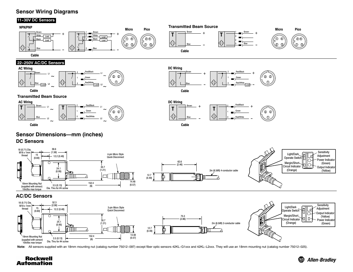 Sensor wiring diagrams, Sensor dimensions—mm (inches), Dc sensors | Ac/dc sensors | Rockwell Automation 42KL MiniSight User Manual | Page 4 / 6