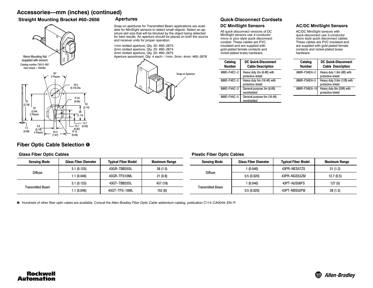 Accessories—mm (inches) (continued), Fiber optic cable selection, Straight mounting bracket #60 6 | Apertures, Quick-disconnect cordsets | Rockwell Automation 42KL MiniSight User Manual | Page 6 / 6