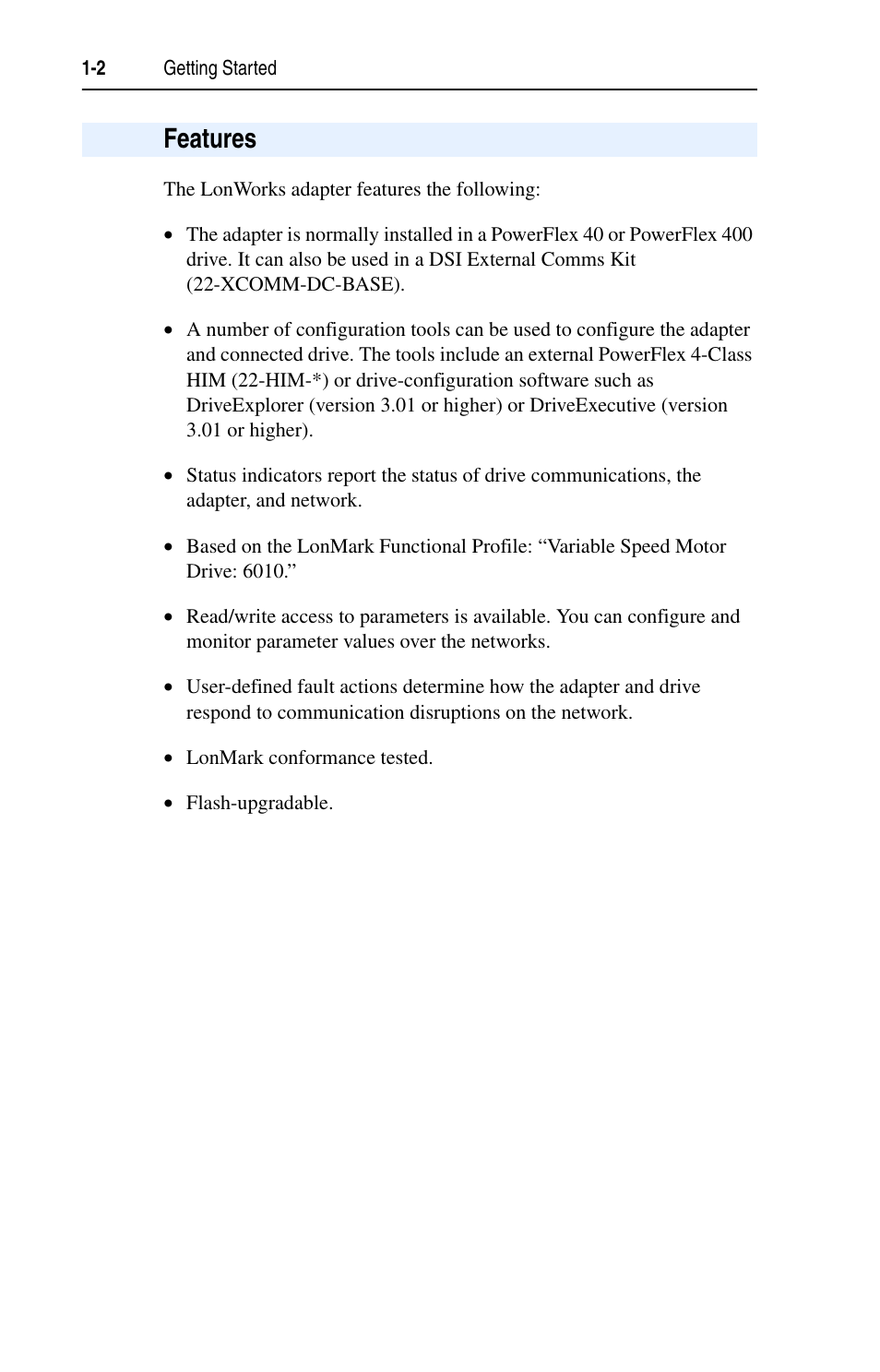 Features, Features -2 | Rockwell Automation 22-COMM-L LonWorks Adapter User Manual | Page 12 / 80