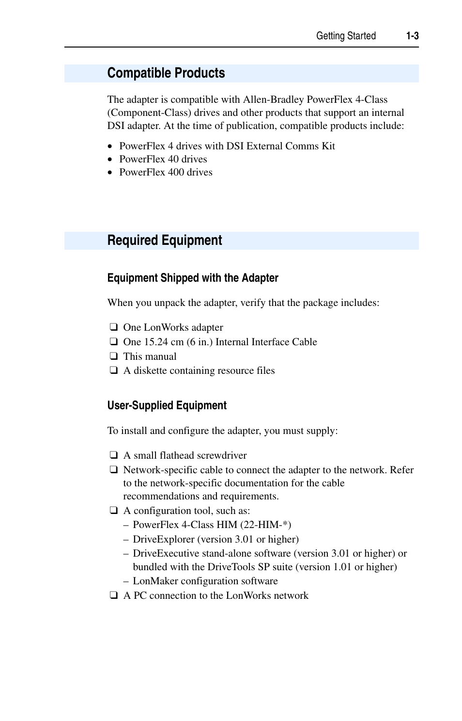 Compatible products, Required equipment, Compatible products -3 required equipment -3 | Rockwell Automation 22-COMM-L LonWorks Adapter User Manual | Page 13 / 80