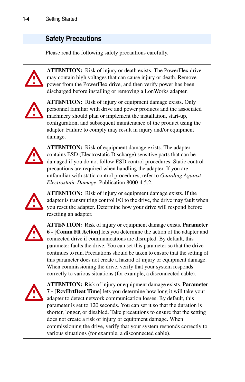 Safety precautions, Safety precautions -4 | Rockwell Automation 22-COMM-L LonWorks Adapter User Manual | Page 14 / 80