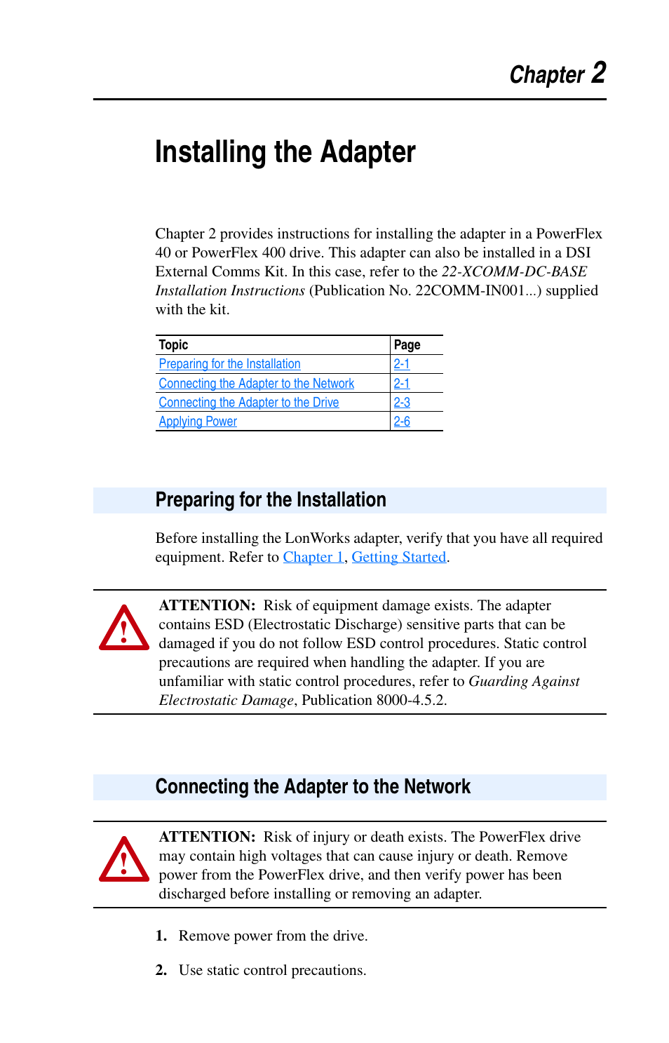 Chapter 2, Installing the adapter, Preparing for the installation | Connecting the adapter to the network, 2installing the adapter | Rockwell Automation 22-COMM-L LonWorks Adapter User Manual | Page 17 / 80