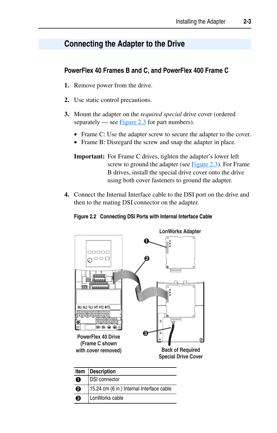 Connecting the adapter to the drive, Connecting the adapter to the drive -3 | Rockwell Automation 22-COMM-L LonWorks Adapter User Manual | Page 19 / 80