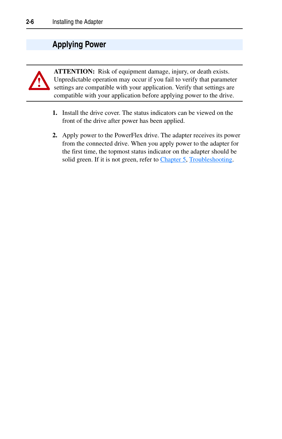 Applying power, Applying power -6 | Rockwell Automation 22-COMM-L LonWorks Adapter User Manual | Page 22 / 80