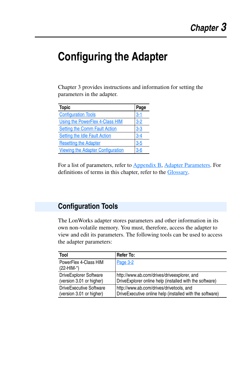 Chapter 3, Configuring the adapter, Configuration tools | Configuration tools -1, 3configuring the adapter, Chapter | Rockwell Automation 22-COMM-L LonWorks Adapter User Manual | Page 23 / 80