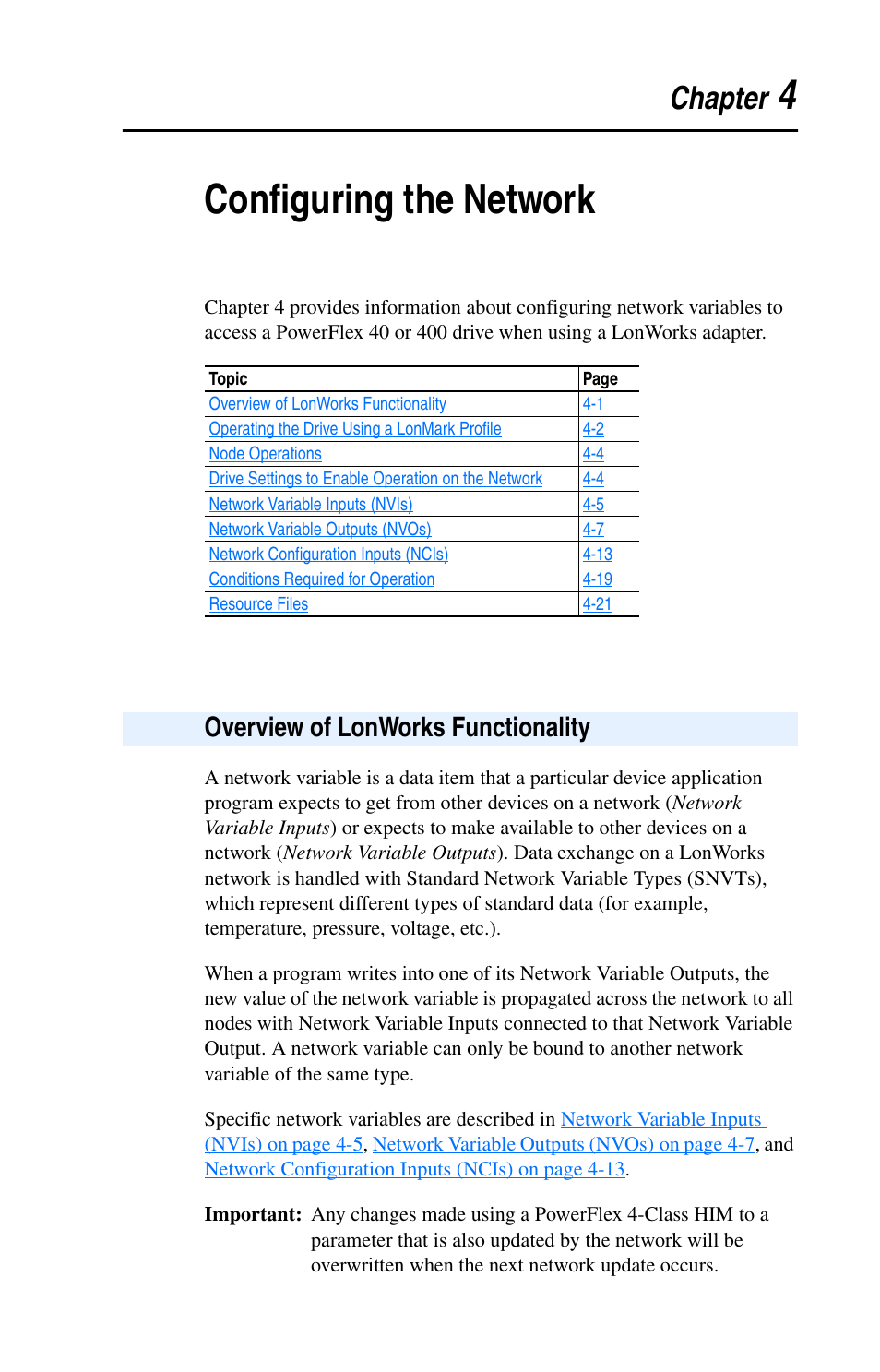 Chapter 4, Configuring the network, Overview of lonworks functionality | Overview of lonworks functionality -1, 4configuring the network, Chapter | Rockwell Automation 22-COMM-L LonWorks Adapter User Manual | Page 29 / 80