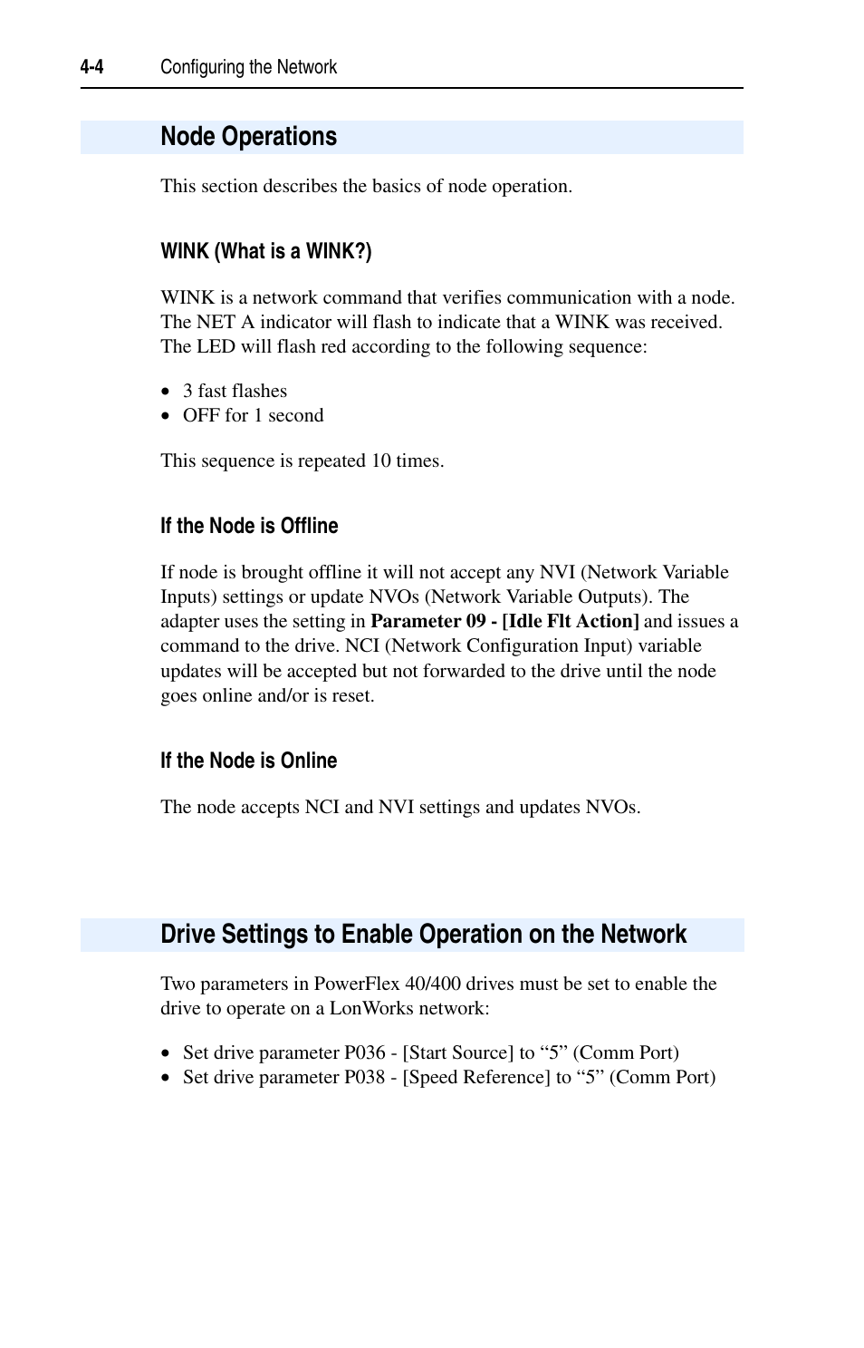 Node operations, Drive settings to enable operation on the network | Rockwell Automation 22-COMM-L LonWorks Adapter User Manual | Page 32 / 80