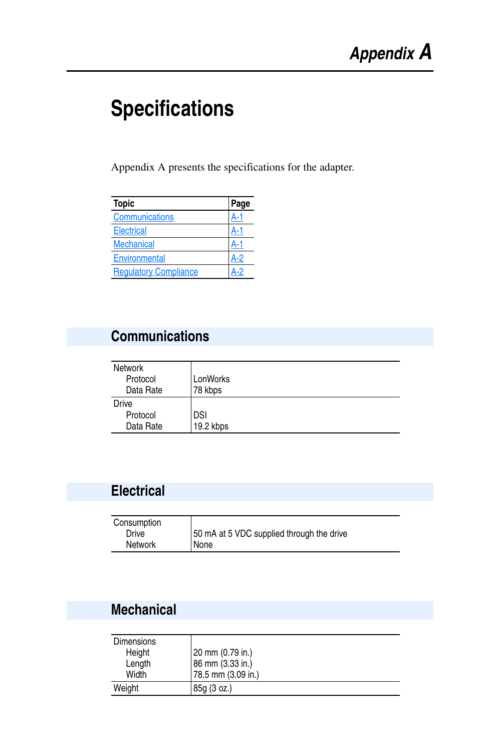 Appendix a, Specifications, Communications | Electrical, Mechanical, Aspecifications | Rockwell Automation 22-COMM-L LonWorks Adapter User Manual | Page 57 / 80