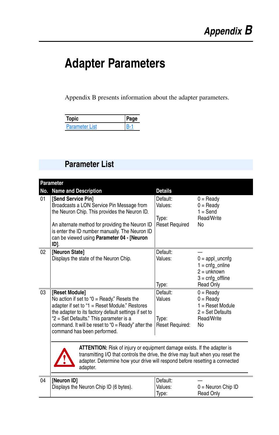 Appendix b, Adapter parameters, Parameter list | Parameter, Meters, refer to, Badapter parameters, Appendix | Rockwell Automation 22-COMM-L LonWorks Adapter User Manual | Page 59 / 80