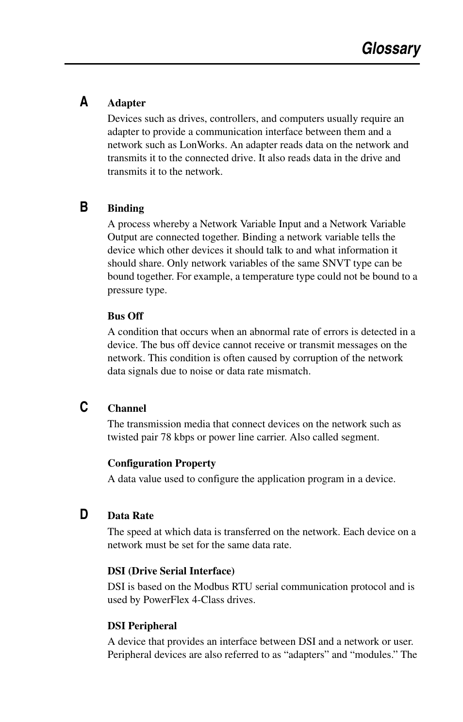 Glossary | Rockwell Automation 22-COMM-L LonWorks Adapter User Manual | Page 65 / 80