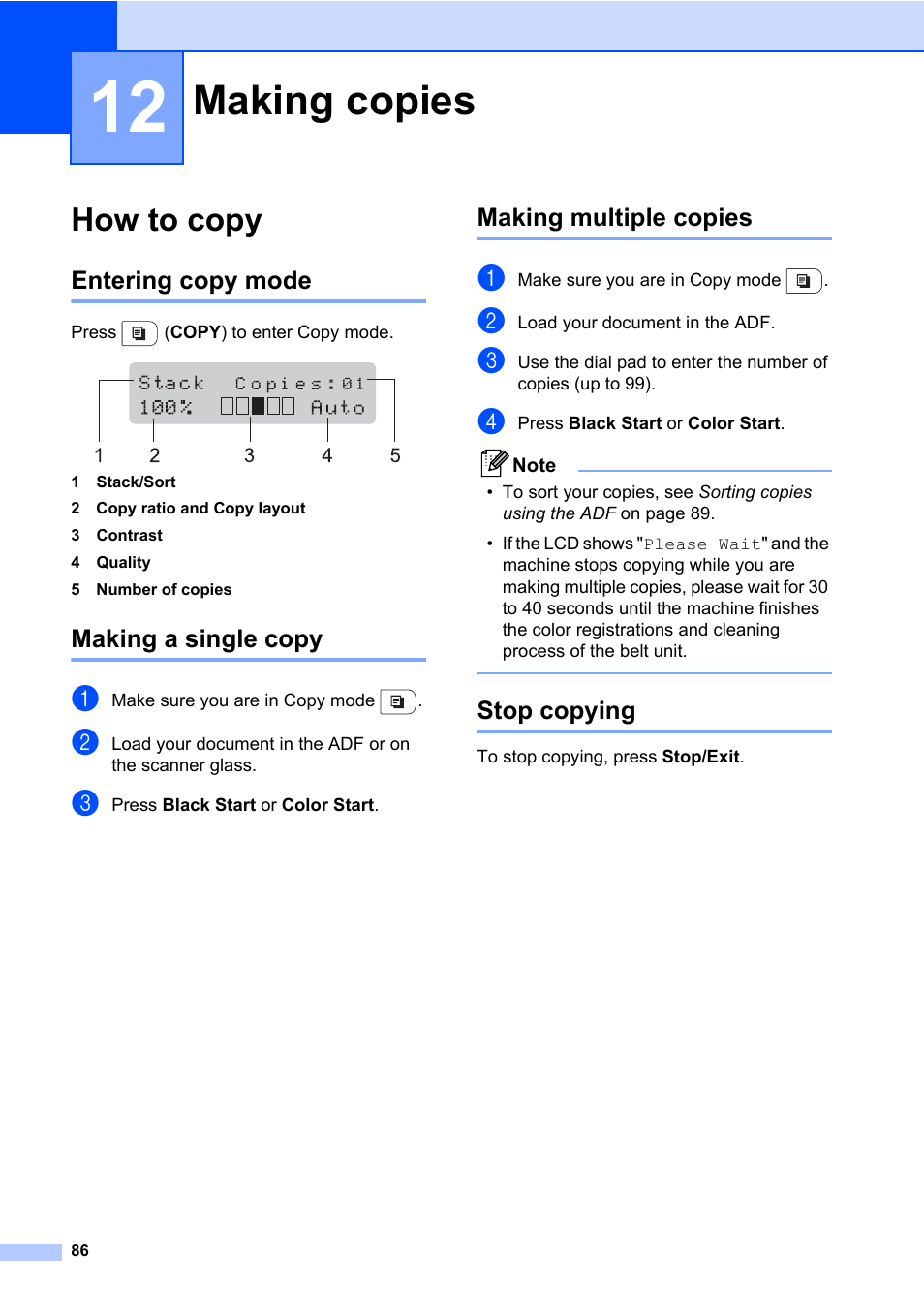 12 making copies, How to copy, Entering copy mode | Making a single copy, Making multiple copies, Stop copying, Making copies | Brother Fax Machine/Multi-Function Center MFC-9125CN User Manual | Page 102 / 267