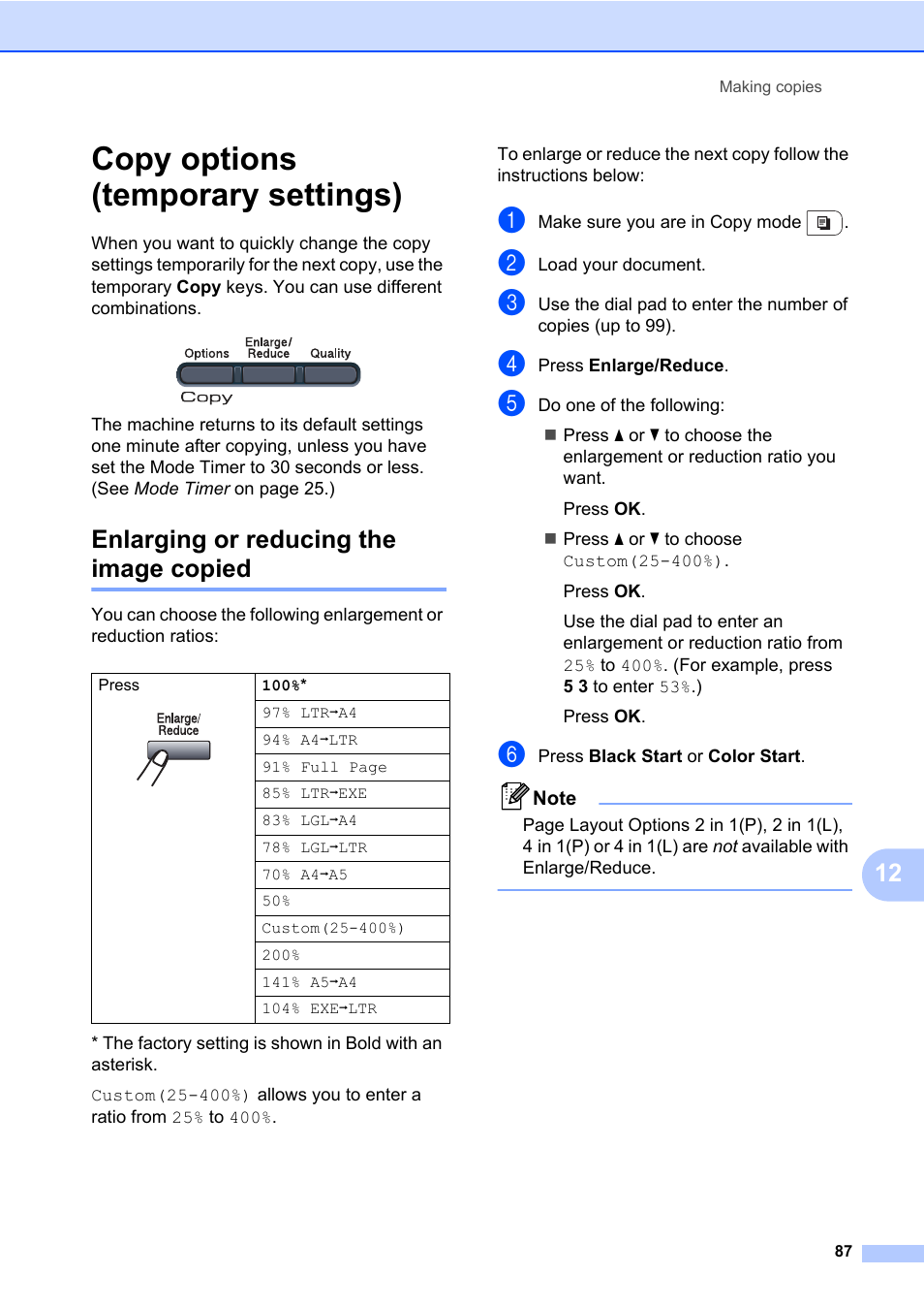 Copy options (temporary settings), Enlarging or reducing the image copied | Brother Fax Machine/Multi-Function Center MFC-9125CN User Manual | Page 103 / 267