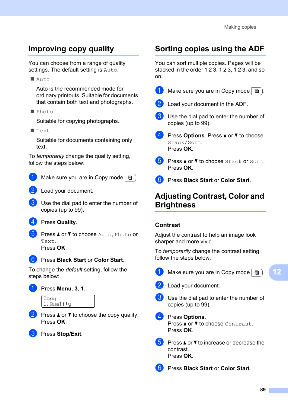 Improving copy quality, Sorting copies using the adf, Adjusting contrast, color and brightness | Contrast, 12 improving copy quality | Brother Fax Machine/Multi-Function Center MFC-9125CN User Manual | Page 105 / 267