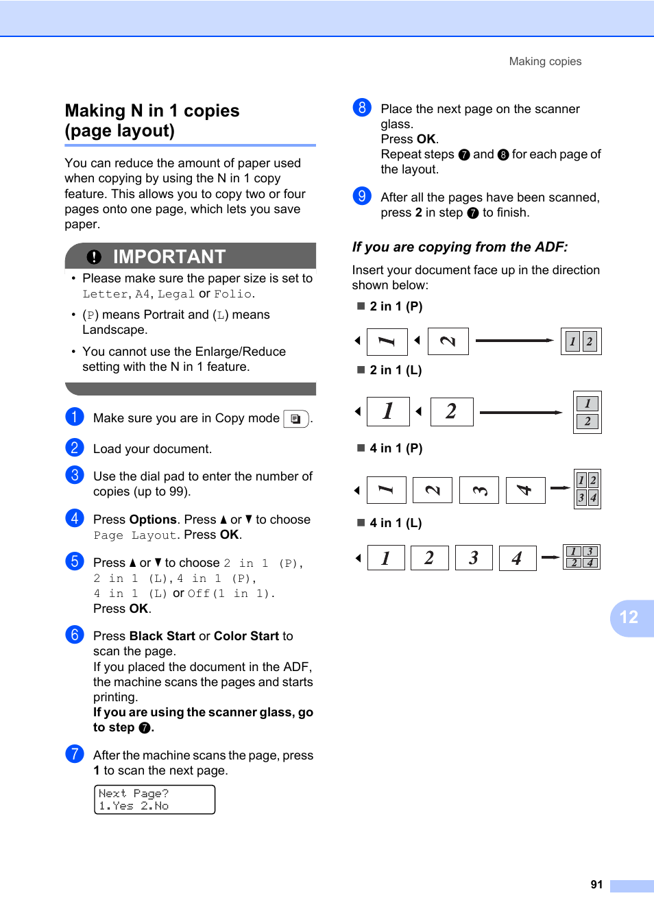 If you are copying from the adf, Important, 12 making n in 1 copies (page layout) | Brother Fax Machine/Multi-Function Center MFC-9125CN User Manual | Page 107 / 267