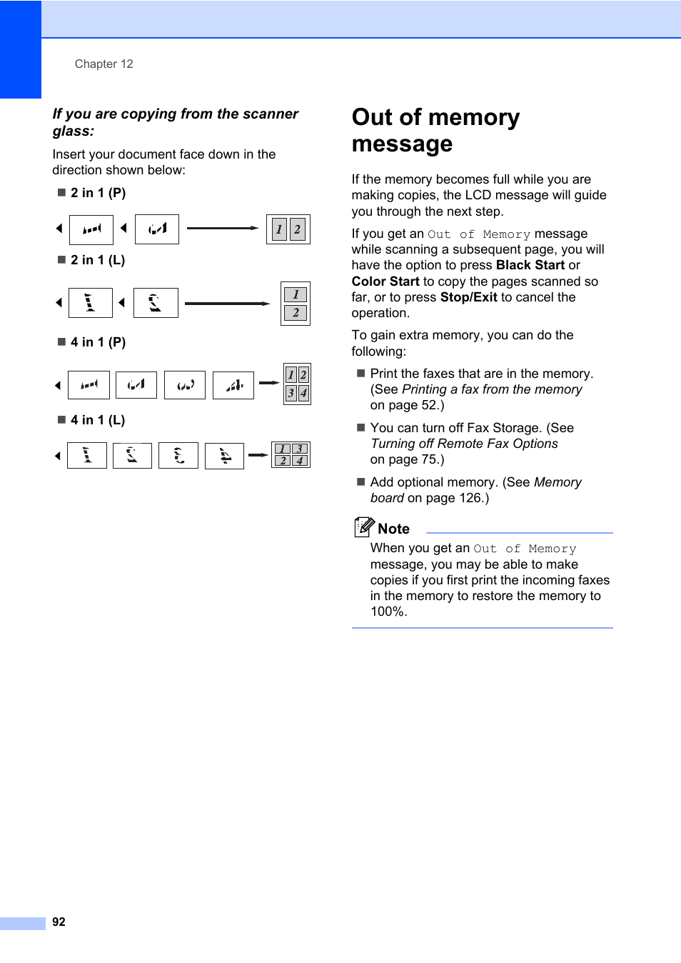 If you are copying from the scanner glass, Out of memory message | Brother Fax Machine/Multi-Function Center MFC-9125CN User Manual | Page 108 / 267