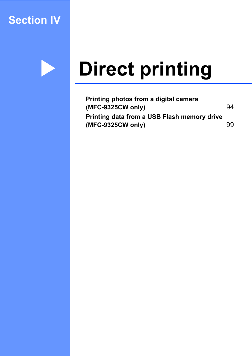 Section iv: direct printing, Section iv direct printing, Direct printing | Brother Fax Machine/Multi-Function Center MFC-9125CN User Manual | Page 109 / 267