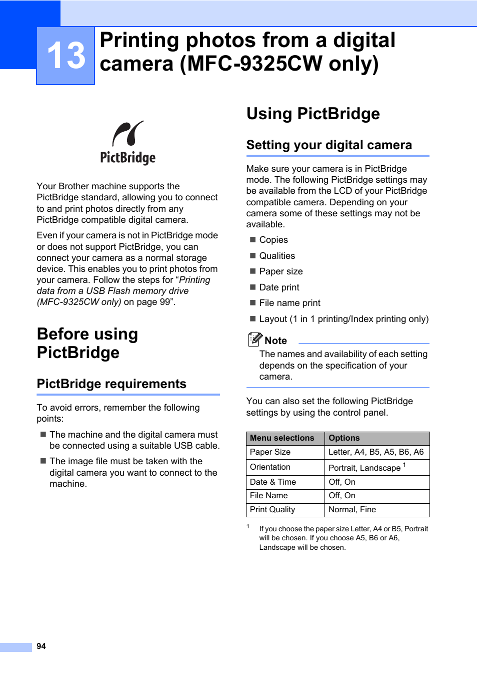 Before using pictbridge, Pictbridge requirements, Using pictbridge | Setting your digital camera | Brother Fax Machine/Multi-Function Center MFC-9125CN User Manual | Page 110 / 267