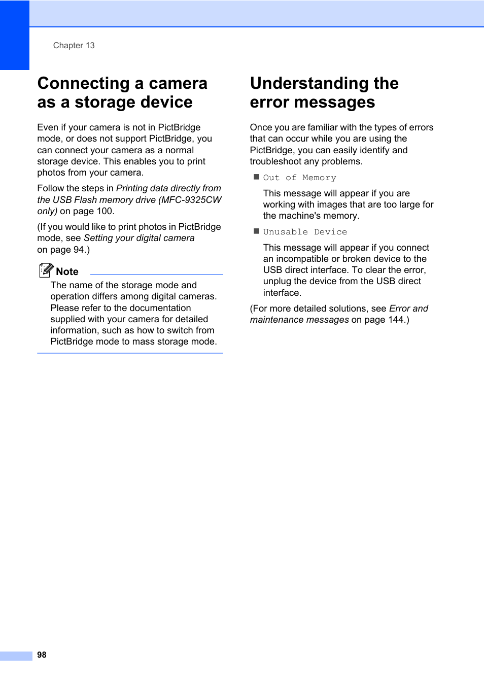 Connecting a camera as a storage device, Understanding the error messages | Brother Fax Machine/Multi-Function Center MFC-9125CN User Manual | Page 114 / 267