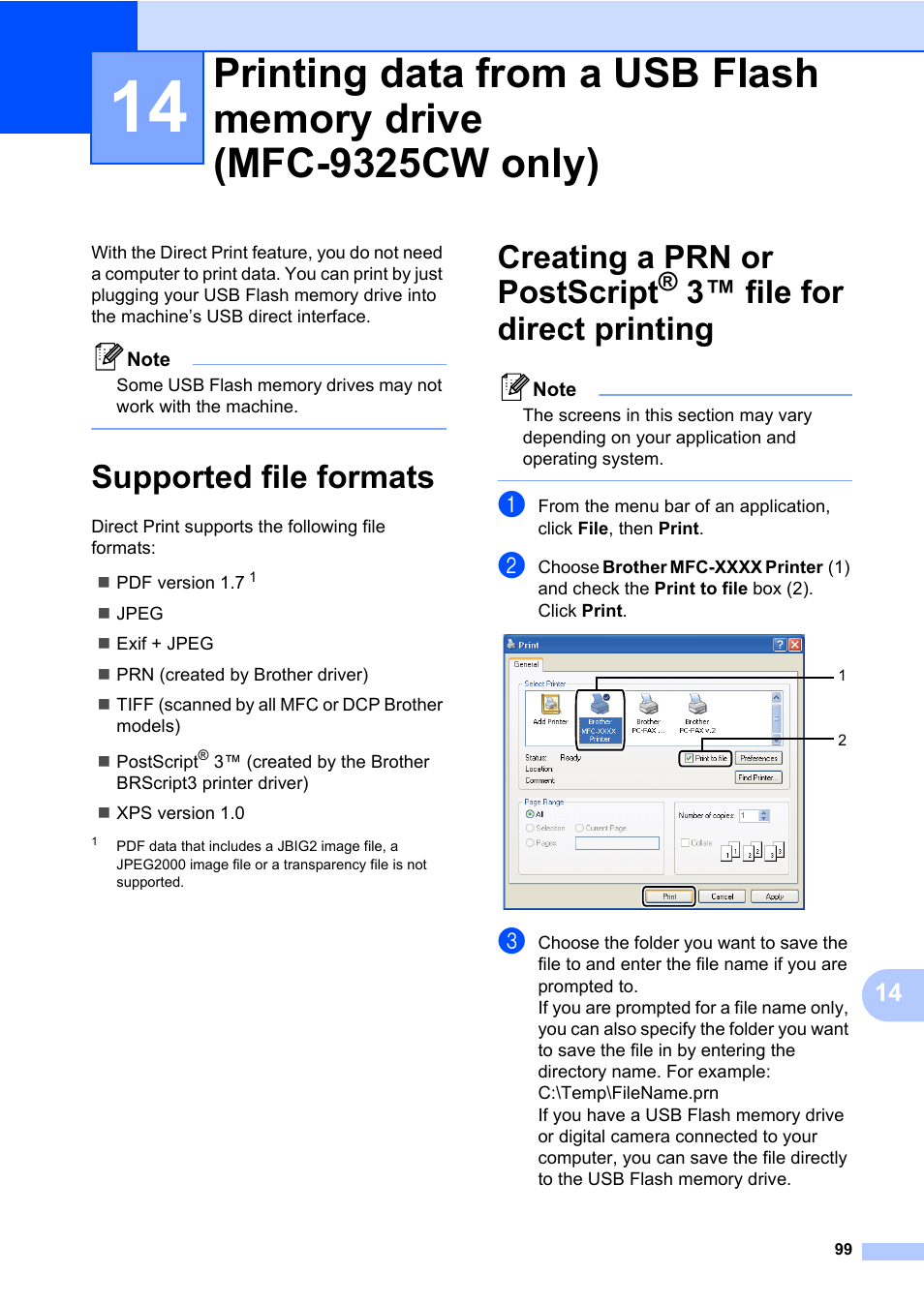 Supported file formats, 3™ file for direct printing, Creating a prn or postscript | Brother Fax Machine/Multi-Function Center MFC-9125CN User Manual | Page 115 / 267