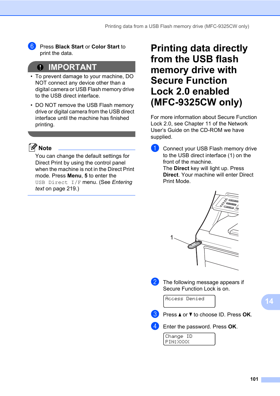 Lock 2.0 enabled (mfc-9325cw only), Important | Brother Fax Machine/Multi-Function Center MFC-9125CN User Manual | Page 117 / 267