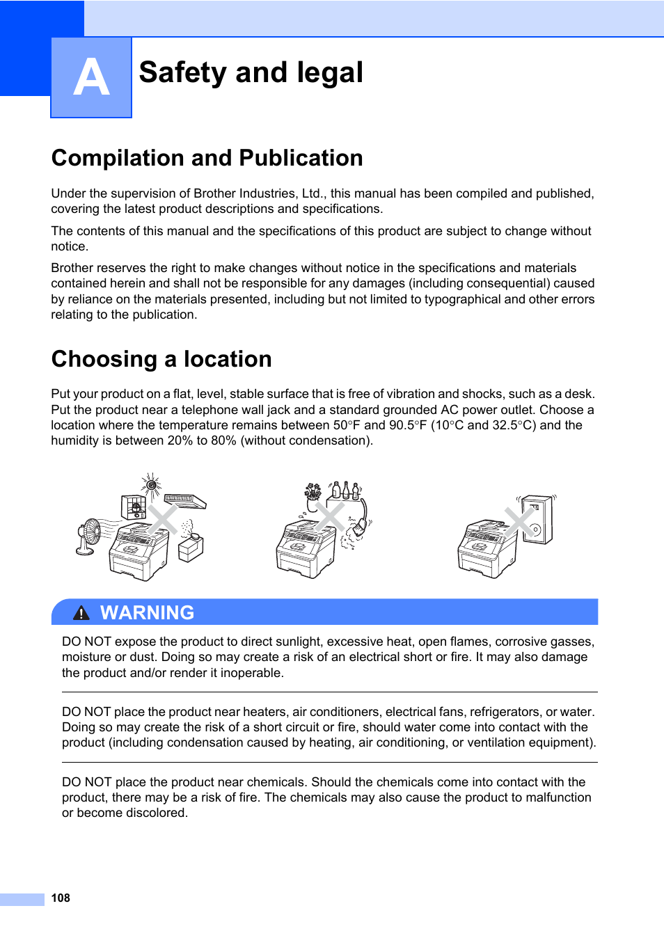 A safety and legal, Compilation and publication, Choosing a location | Safety and legal, Compilation and publication choosing a location, Warning | Brother Fax Machine/Multi-Function Center MFC-9125CN User Manual | Page 124 / 267