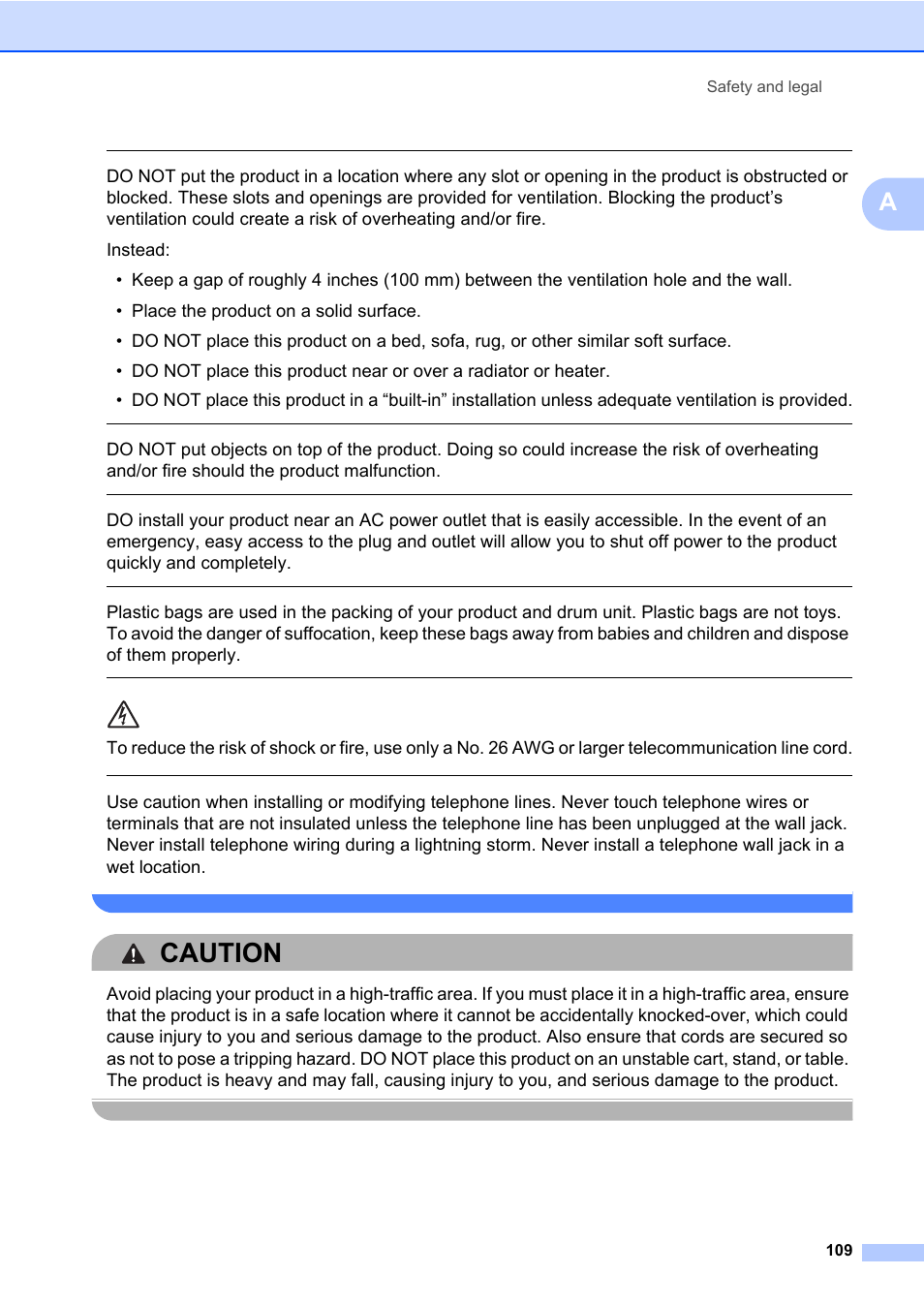 Caution, Safety and legal 109 | Brother Fax Machine/Multi-Function Center MFC-9125CN User Manual | Page 125 / 267