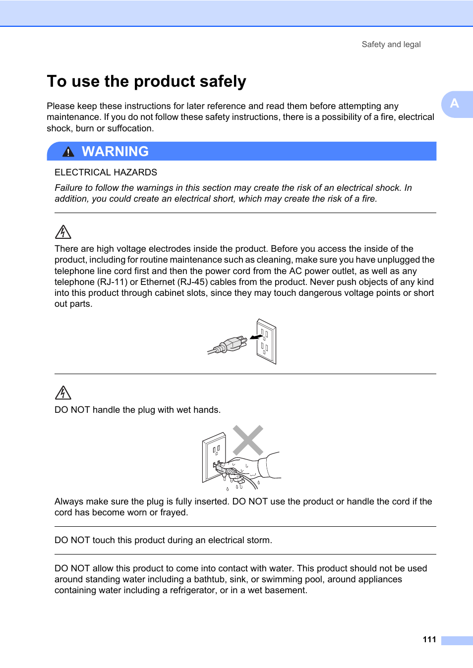 To use the product safely, Warning, Do not handle the plug with wet hands | Safety and legal 111 | Brother Fax Machine/Multi-Function Center MFC-9125CN User Manual | Page 127 / 267