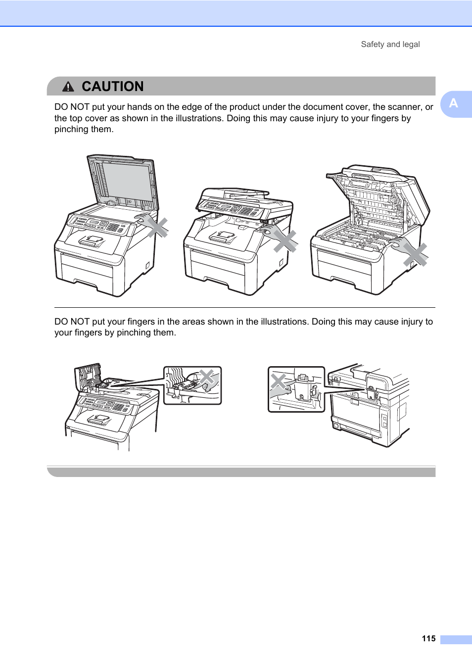 Caution, Safety and legal 115 | Brother Fax Machine/Multi-Function Center MFC-9125CN User Manual | Page 131 / 267