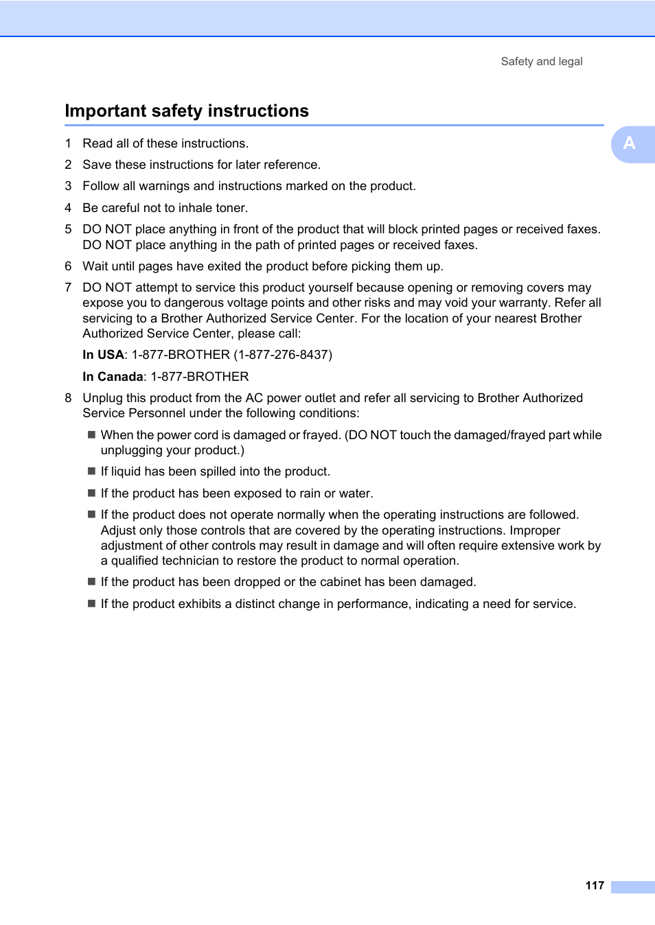 Important safety instructions, Aimportant safety instructions | Brother Fax Machine/Multi-Function Center MFC-9125CN User Manual | Page 133 / 267