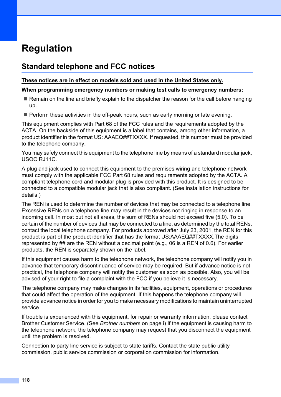 Regulation, Standard telephone and fcc notices | Brother Fax Machine/Multi-Function Center MFC-9125CN User Manual | Page 134 / 267