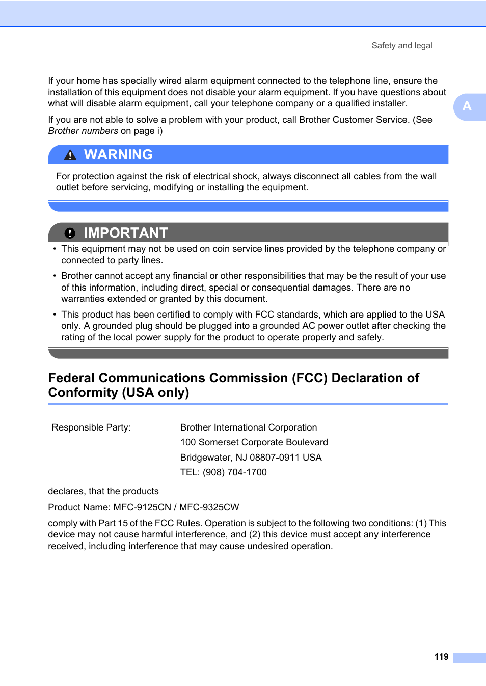 Usa only), Warning, Important | Brother Fax Machine/Multi-Function Center MFC-9125CN User Manual | Page 135 / 267