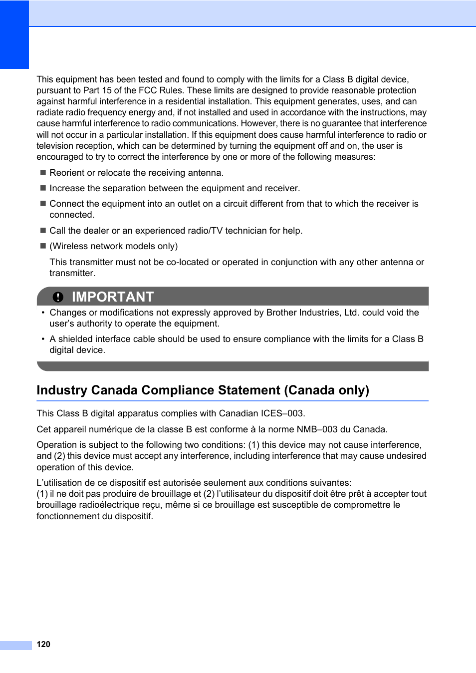 Industry canada compliance statement (canada only), Important | Brother Fax Machine/Multi-Function Center MFC-9125CN User Manual | Page 136 / 267