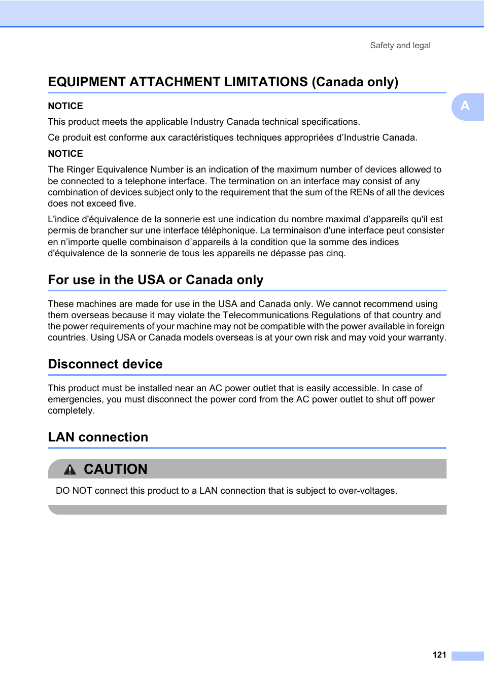 Equipment attachment limitations (canada only), For use in the usa or canada only, Disconnect device | Lan connection, Caution, Aequipment attachment limitations (canada only) | Brother Fax Machine/Multi-Function Center MFC-9125CN User Manual | Page 137 / 267