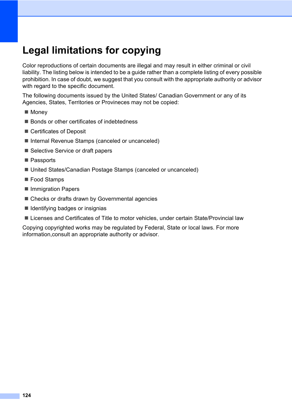 Legal limitations for copying | Brother Fax Machine/Multi-Function Center MFC-9125CN User Manual | Page 140 / 267