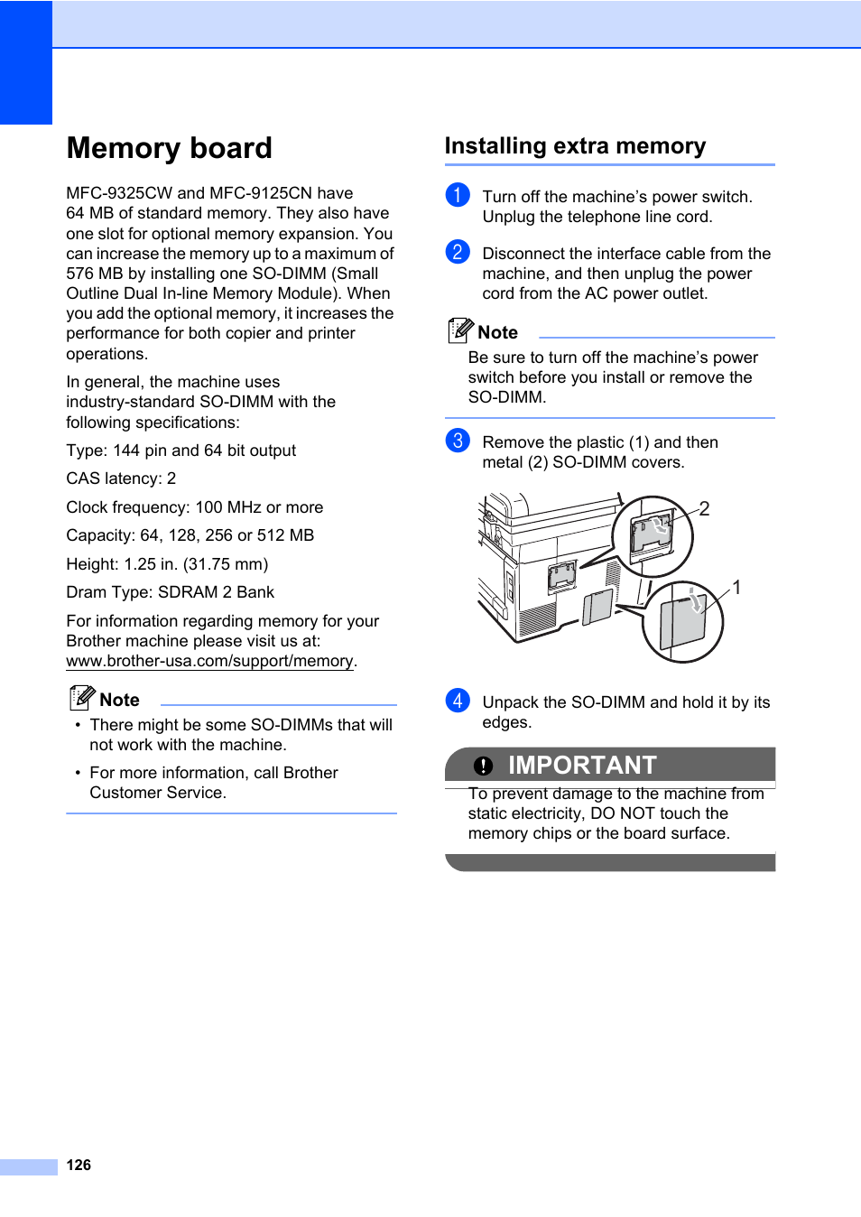 Memory board, Installing extra memory, Important | Brother Fax Machine/Multi-Function Center MFC-9125CN User Manual | Page 142 / 267