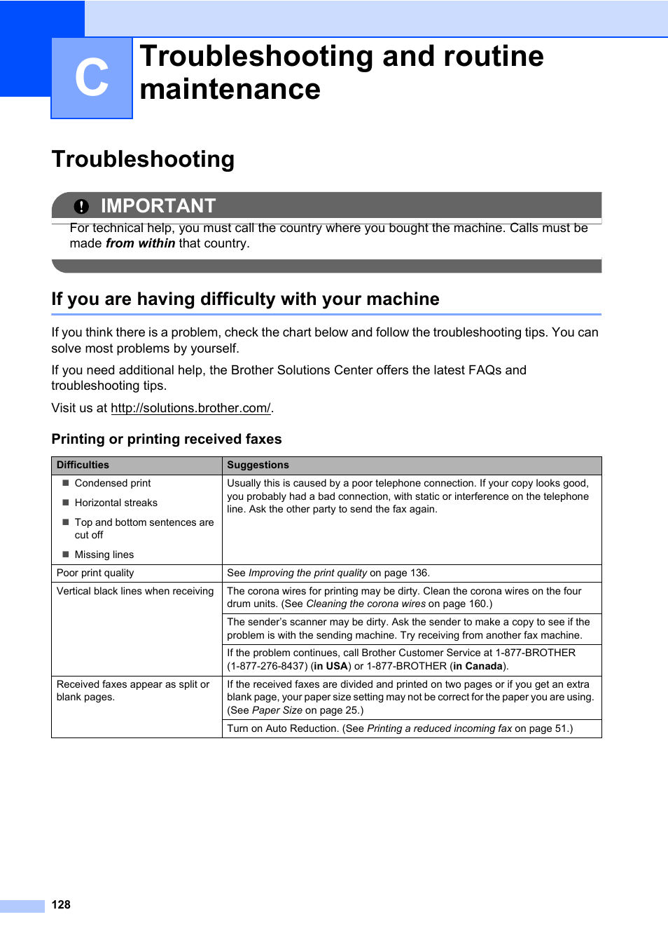 C troubleshooting and routine maintenance, Troubleshooting, If you are having difficulty with your machine | Troubleshooting and routine maintenance, Important | Brother Fax Machine/Multi-Function Center MFC-9125CN User Manual | Page 144 / 267