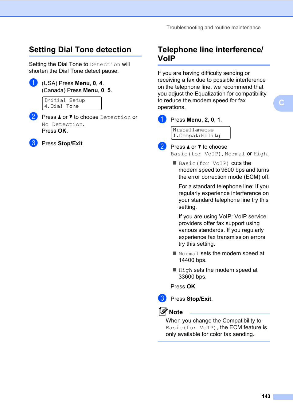 Setting dial tone detection, Telephone line interference/ voip, Csetting dial tone detection | Brother Fax Machine/Multi-Function Center MFC-9125CN User Manual | Page 159 / 267