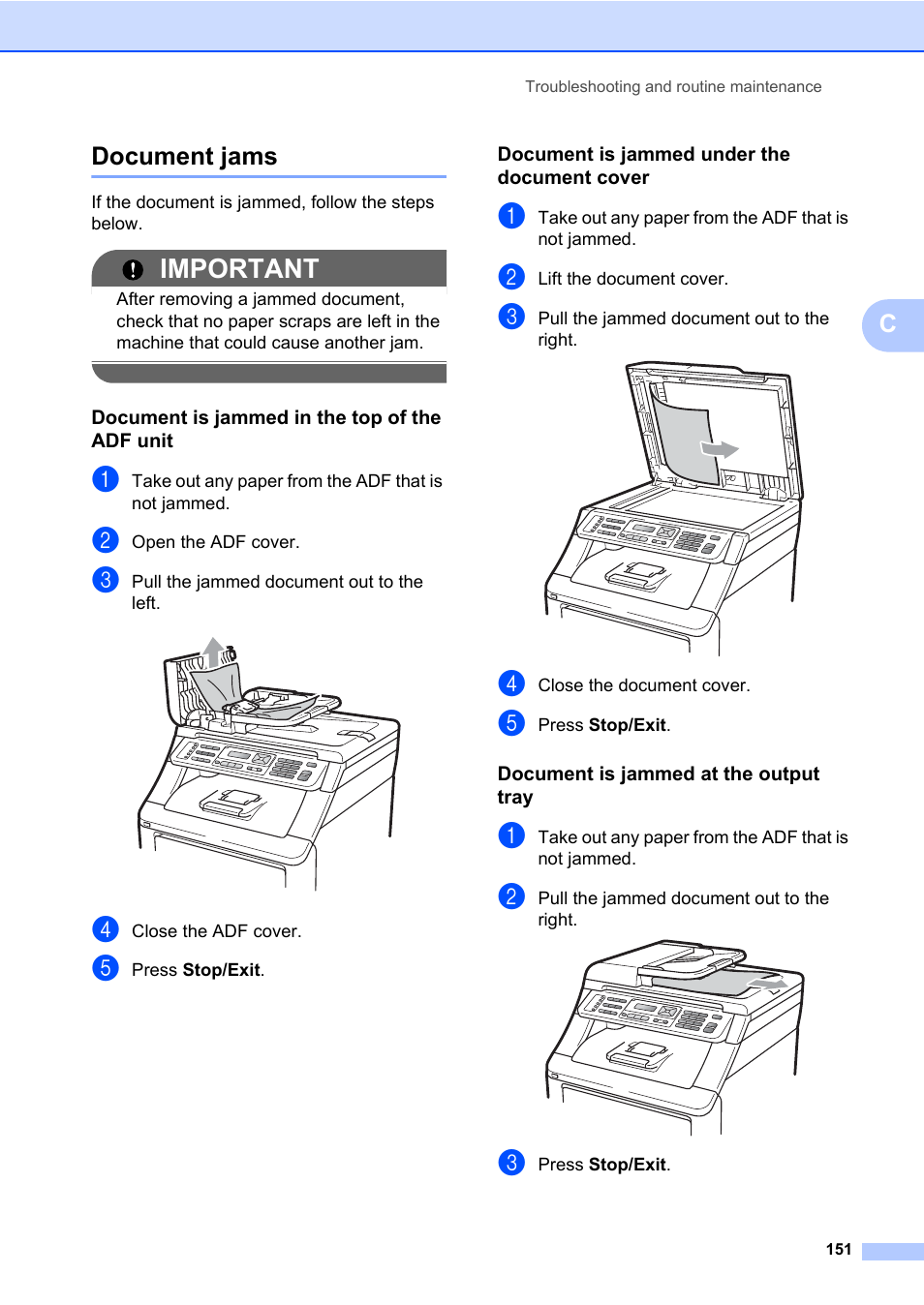 Document jams, Document is jammed in the top of the adf unit, Document is jammed under the document cover | Document is jammed at the output tray, Important, Cdocument jams | Brother Fax Machine/Multi-Function Center MFC-9125CN User Manual | Page 167 / 267