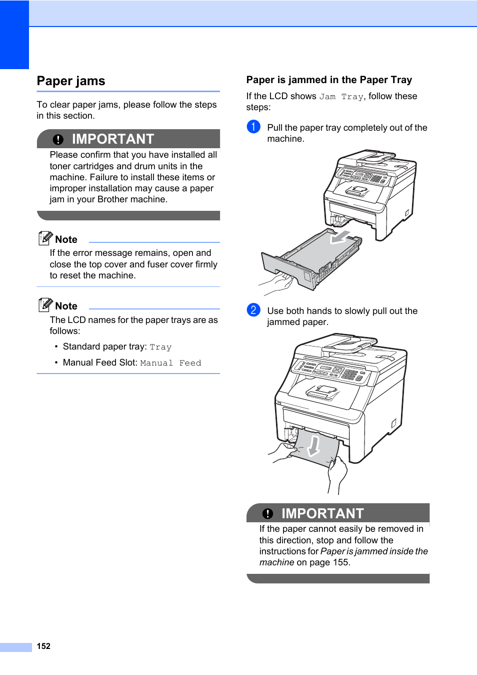 Paper jams, Paper is jammed in the paper tray, Important | Brother Fax Machine/Multi-Function Center MFC-9125CN User Manual | Page 168 / 267