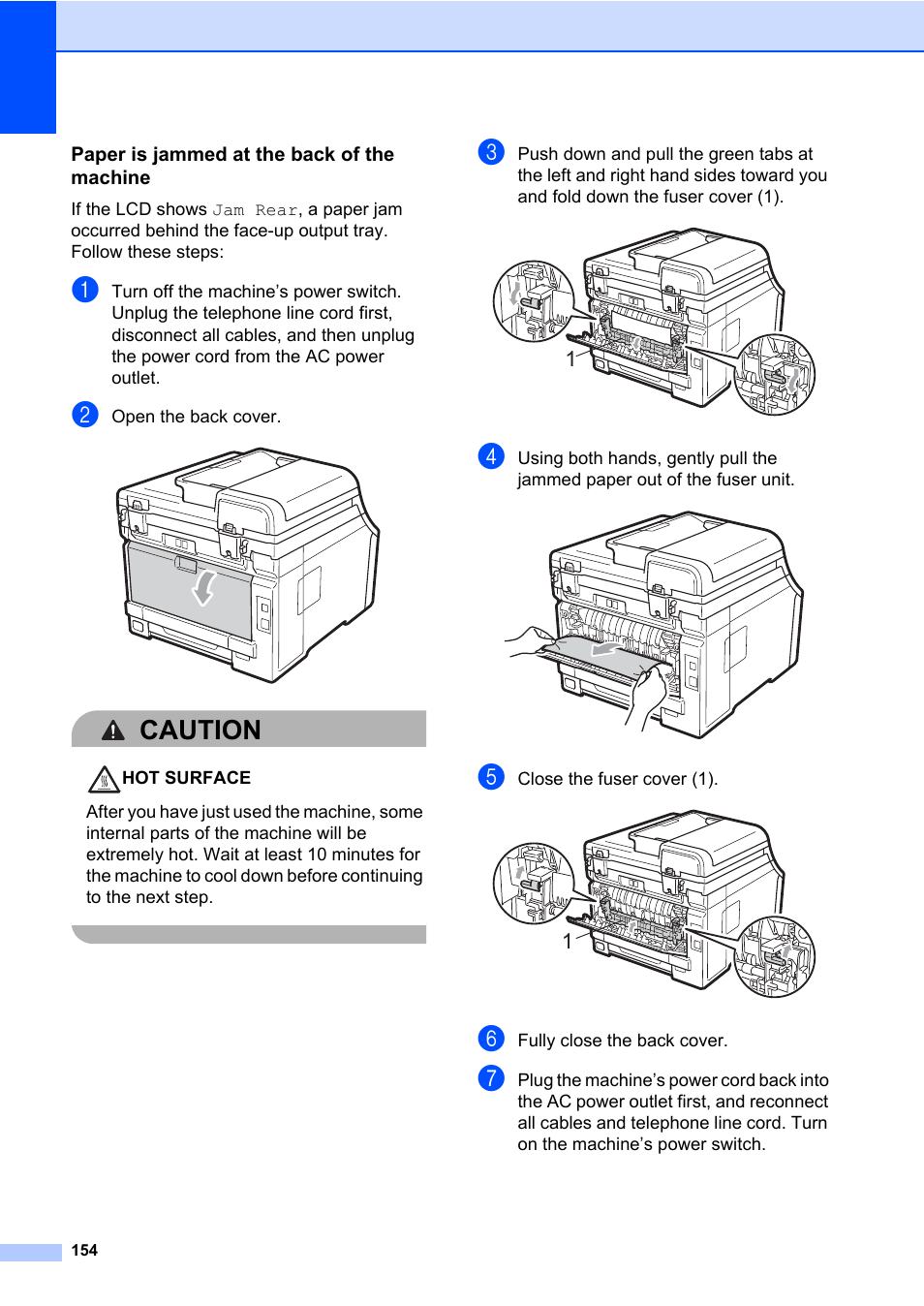 Paper is jammed at the back of the machine, Caution | Brother Fax Machine/Multi-Function Center MFC-9125CN User Manual | Page 170 / 267