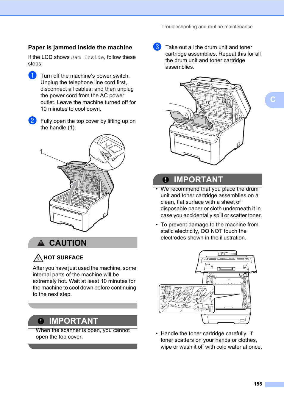 Paper is jammed inside the machine, Caution, Important | Brother Fax Machine/Multi-Function Center MFC-9125CN User Manual | Page 171 / 267