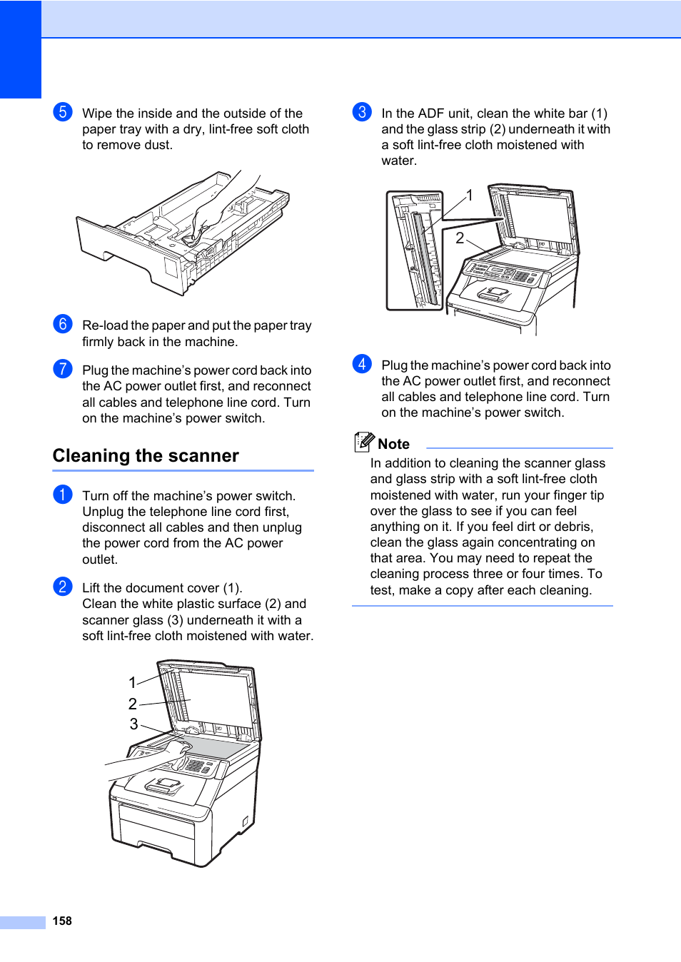Cleaning the scanner | Brother Fax Machine/Multi-Function Center MFC-9125CN User Manual | Page 174 / 267