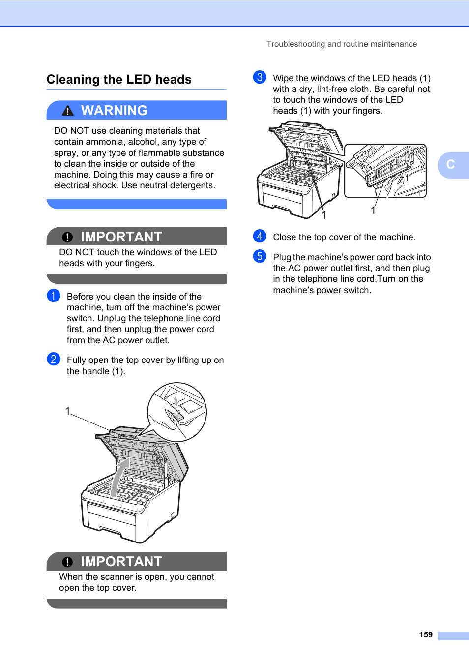 Cleaning the led heads, Warning, Important | Ccleaning the led heads | Brother Fax Machine/Multi-Function Center MFC-9125CN User Manual | Page 175 / 267