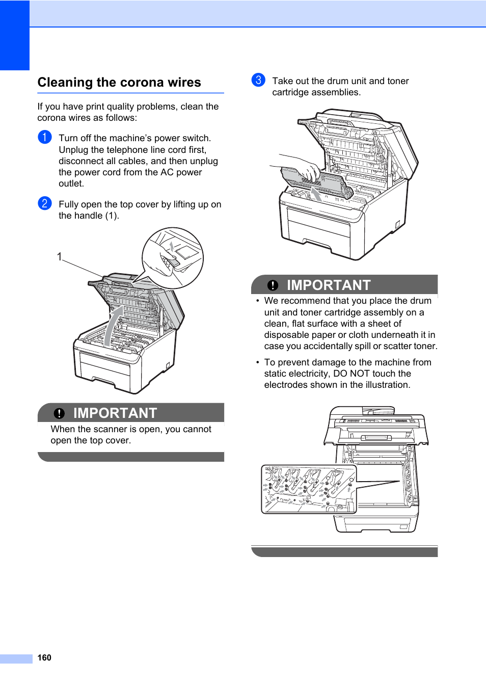 Cleaning the corona wires, Important | Brother Fax Machine/Multi-Function Center MFC-9125CN User Manual | Page 176 / 267