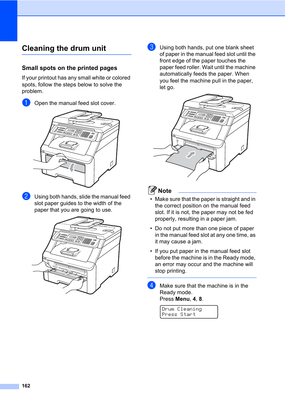 Cleaning the drum unit, Small spots on the printed pages | Brother Fax Machine/Multi-Function Center MFC-9125CN User Manual | Page 178 / 267