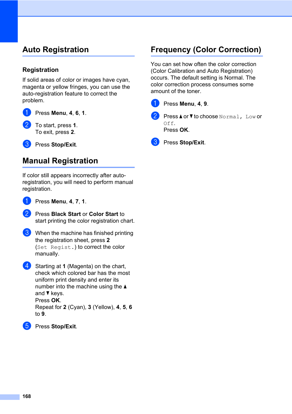 Auto registration, Manual registration, Frequency (color correction) | Brother Fax Machine/Multi-Function Center MFC-9125CN User Manual | Page 184 / 267