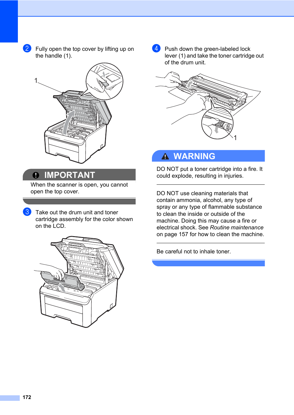 Important, Warning, Be careful not to inhale toner | Brother Fax Machine/Multi-Function Center MFC-9125CN User Manual | Page 188 / 267