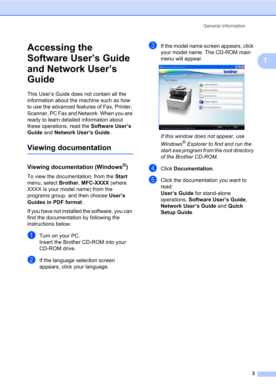 Viewing documentation, Viewing documentation (windows®) | Brother Fax Machine/Multi-Function Center MFC-9125CN User Manual | Page 19 / 267
